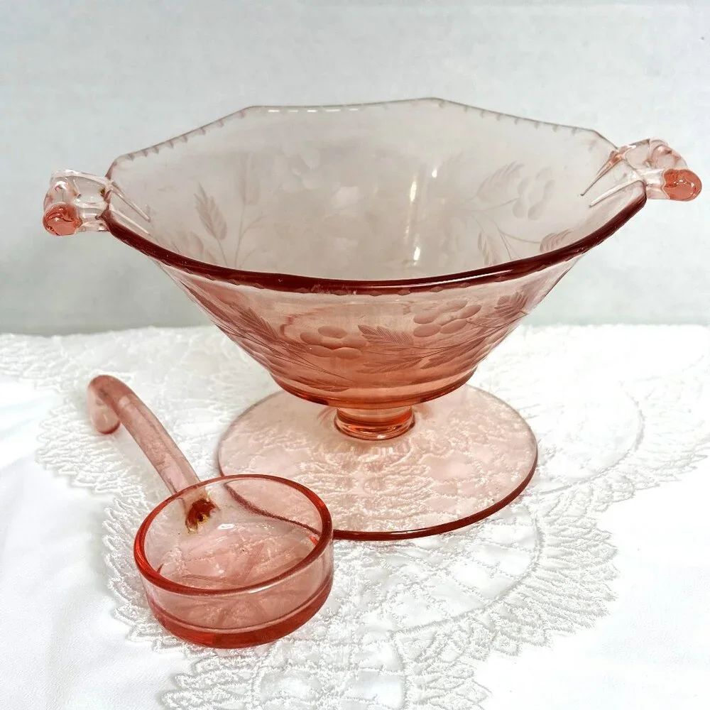 * Pink Depression Glass Compote Gravy Bowl with Ladle Vintage
